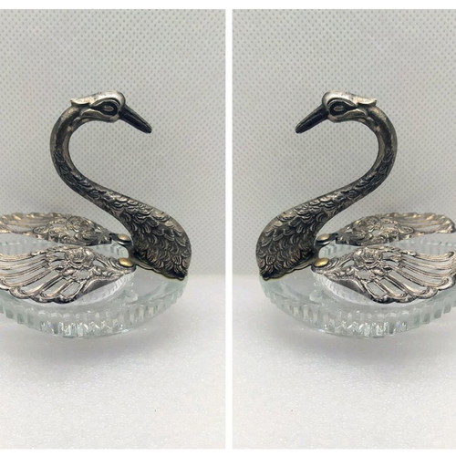 Vintage swan salt cellar used, glass and silver-plated metal