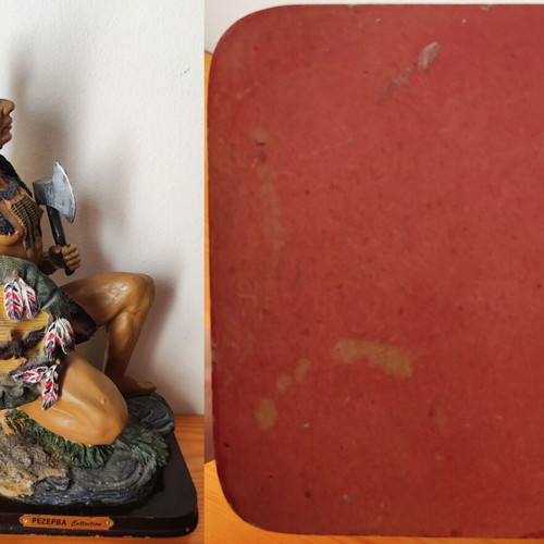 Vintage Native American warrior statue used, kneeling with spear and tomahawk