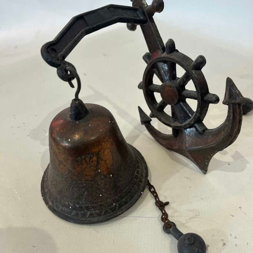 Vintage set of 2 copper wall bells with anchor and ship wheel decoration used