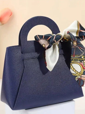 Gift packaging bag made of artificial leather new, blue with ribbon