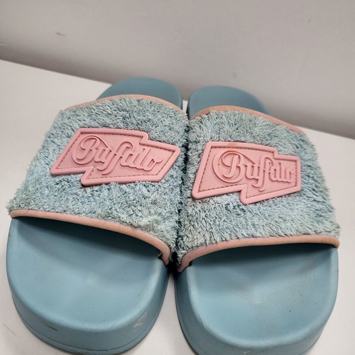 Buffalo slides used, blue with pink logo, terry cloth