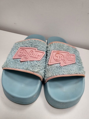 Buffalo slides used, blue with pink logo, terry cloth