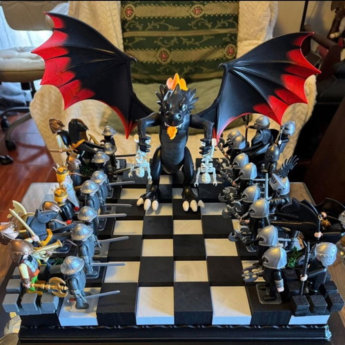 Handmade wooden chess with Playmobil figures new