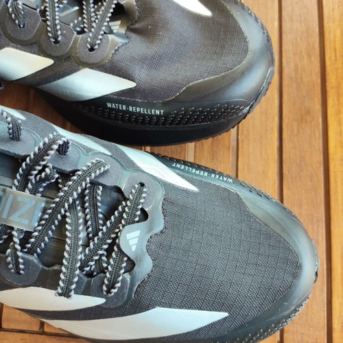 Adidas Evo SL ATR running shoes size 43.5, water-repellent, black with silver stripes