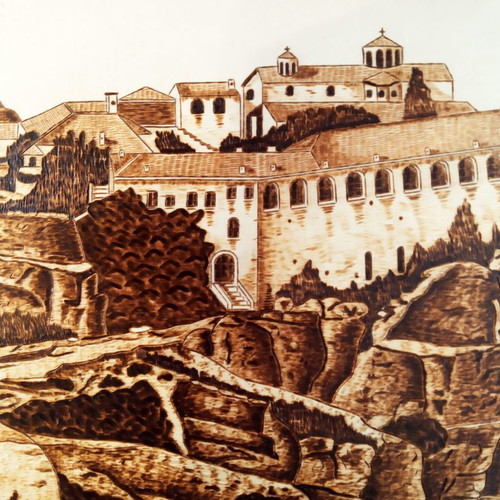 Pyrography painting Meteora Ag. Stefanou Monastery new on linden wood