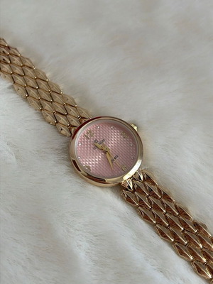 Women's Gold Watch with Embossed Pink Dial New