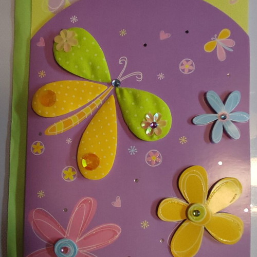 Greeting card 3D with fabric butterfly and flowers, new