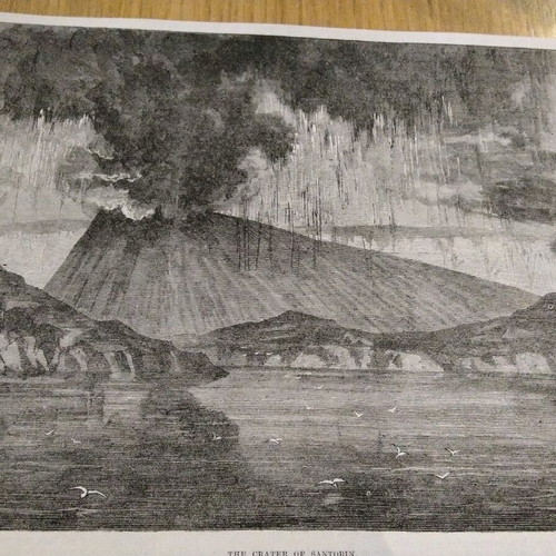 Volcano eruption in Santorini 1870 woodcut used 26x16cm