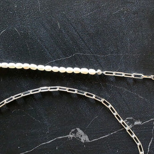 925 Sterling Silver Necklace and Bracelet Set with Natural Pearls and Paperclip Chain