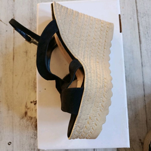 Stefania platform sandals black genuine leather with beige wedge and ankle strap