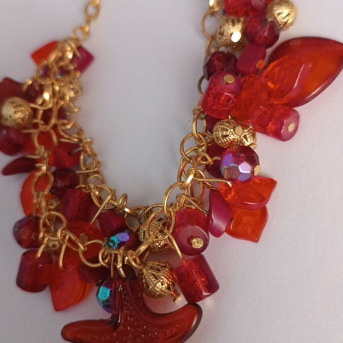 Summer bracelet with red charms, gold, handmade