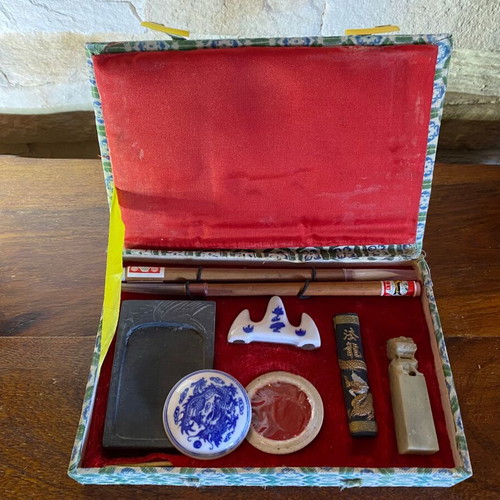 Vintage Chinese Calligraphy Set like new with ink stone and seal