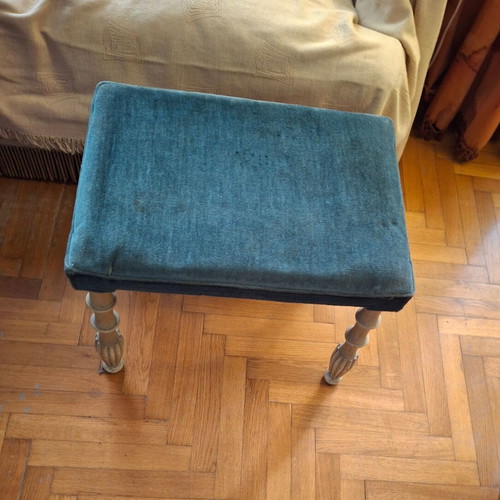 Wooden vintage antique stool 1970, petrol velvet patina