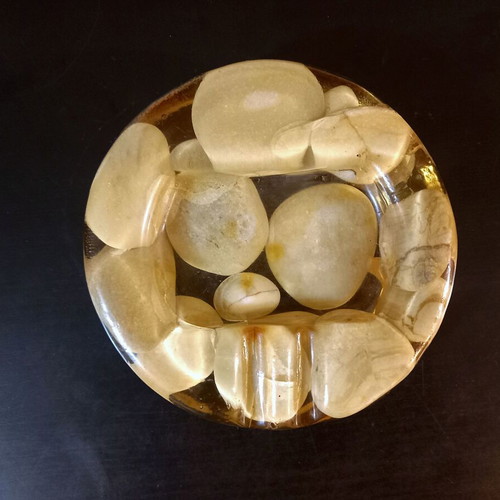 Vintage handmade ashtray with resin and natural pebbles used