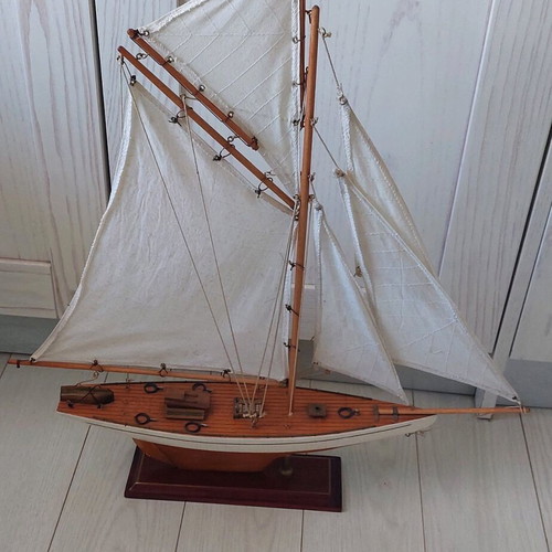 Decorative wooden sailboat used, height 60cm, width 51cm