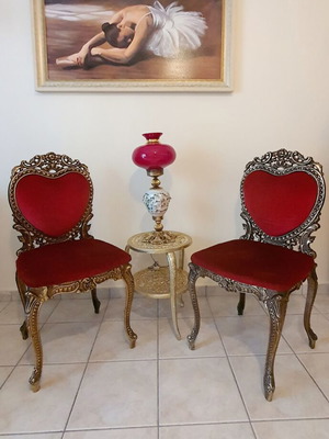 Καρέκλες μπρούτζινες vintage μεταχειρισμένες, σετ 2, βελούδο κόκκινο-μπορντό