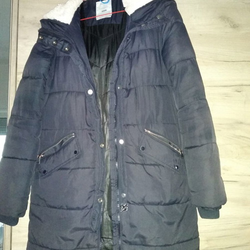 Bershka long winter coat, blue and white