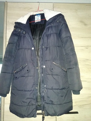Bershka long winter coat, blue and white