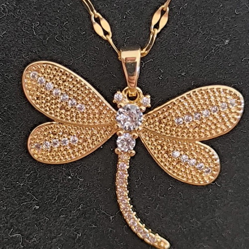 Steel Dragonfly Necklace Gold with Zircon, new