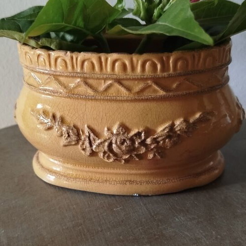 Mid-Century Art Pottery Planter vintage, yellow ware, crackle texture
