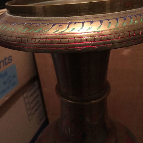 Floor vases used, pair of engraved metal
