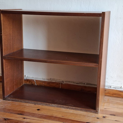 Vintage low wooden bookshelf with two shelves