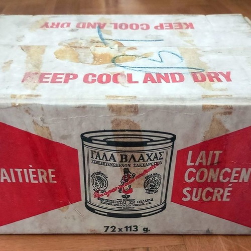 Collectible old Vlachas condensed milk box used