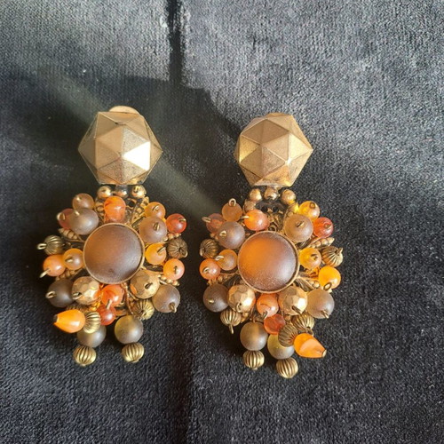 Vintage Italian long earrings with clips and topaz coral beads