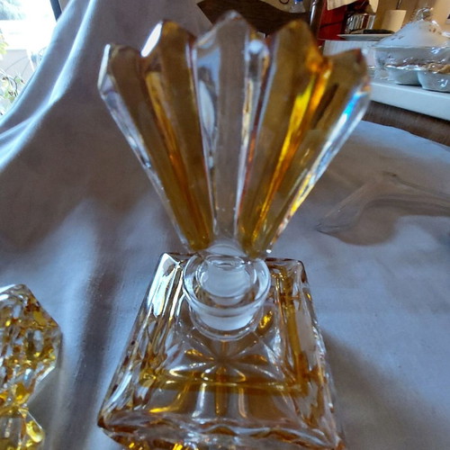 Crystal toilet set used, 2 bottles with yellow double crystal