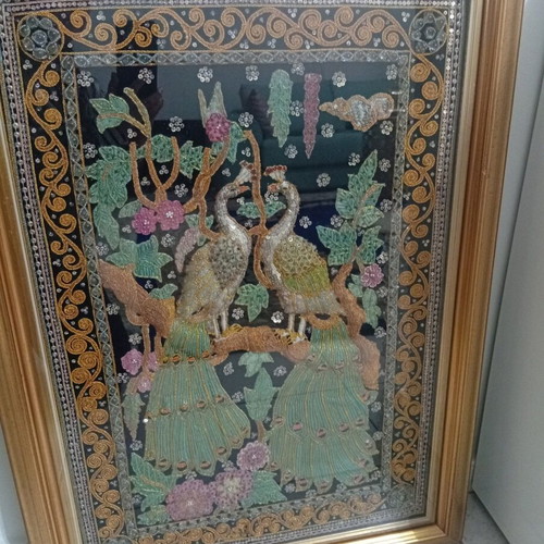 Peacock Embroidery Textile Panel with Gold Frame