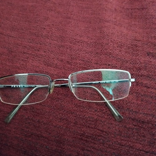 Prada vintage eyeglass frames used, gray metal rectangular shape