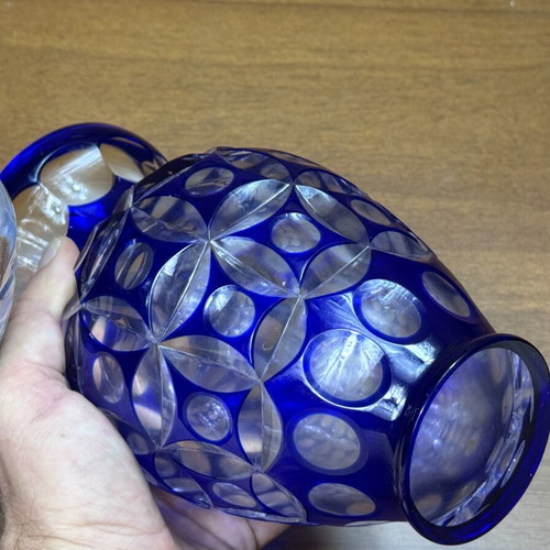Vintage handmade ultramarine blue glass vase with geometric optical art