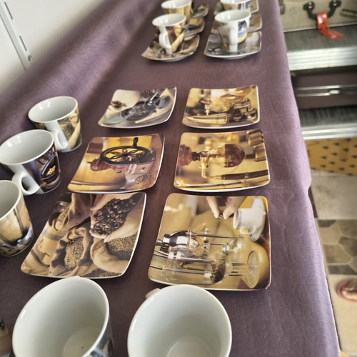 Vintage coffee art espresso cup set with saucers, 6 pieces