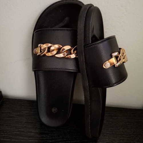 Women's slippers size 38 black with gold chain detail like new