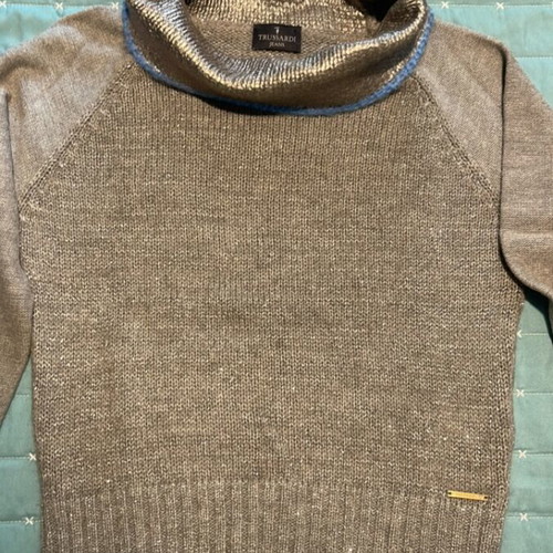 Trussardi sweater with unique inner collar, new, gray and silver
