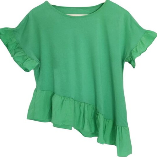 Asymmetric top with ruffles and fabric combination like new, green, cotton