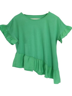 Asymmetric top with ruffles and fabric combination like new, green, cotton