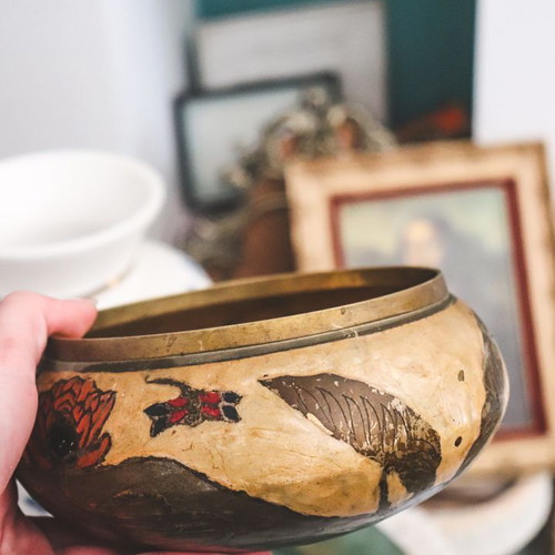 Vintage brass decorative bowl with lid used, handmade
