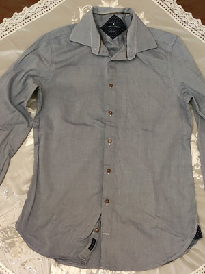 Navy & Green shirt used, size Small, blue-gray color