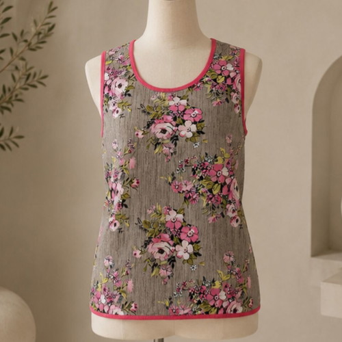 Sleeveless women's blouse XL new, cotton, beige with pink floral design