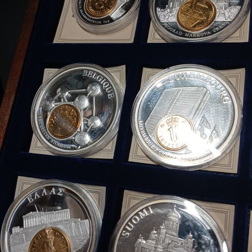 European coin collection with silver and gold-plated medals, pre-euro