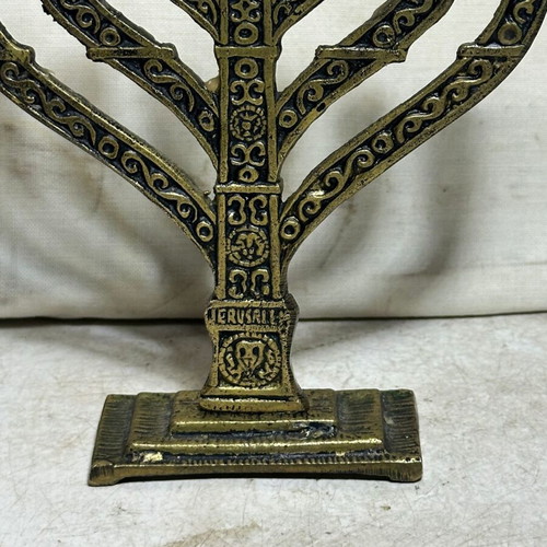 Vintage brass seven-branched menorah "Jerusalem" used, collectible candle holder