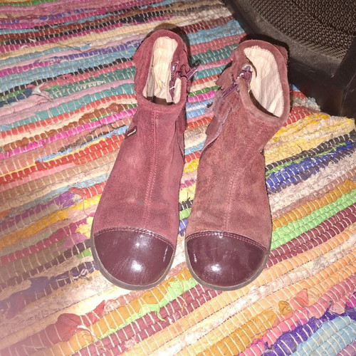 Burgundy suede ankle boots used with patent detail, size 36