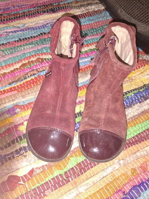 Burgundy suede ankle boots used with patent detail, size 36
