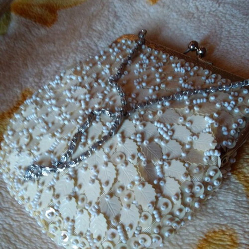 Handmade vintage bag used with chain, embroidered leaves and beads