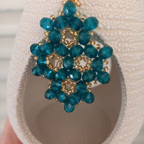 Handmade earrings with teal crystal beads and gold stainless steel clasp
