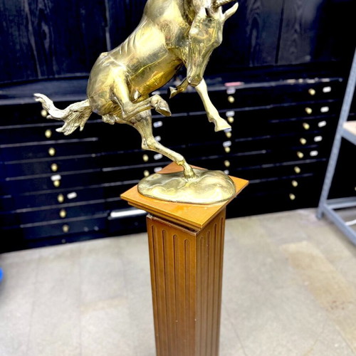 Bucephalus brass sculpture on walnut wood base used