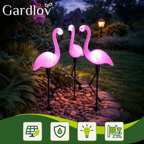 Solar garden lamps flamingo set of 3 like new, LED