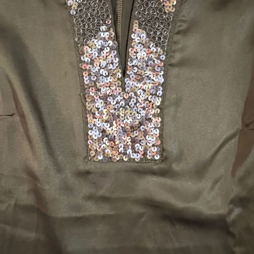 Le Chateau sleeveless satin top with sequins, olive