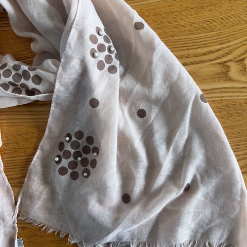 Large women's viscose scarf with pearls, beige and brown